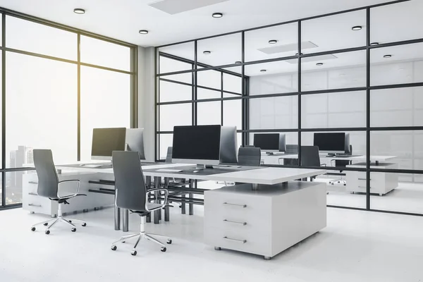 Modern Coworking Office Interior City View Equipment Daylight Rendering — Stock Photo, Image