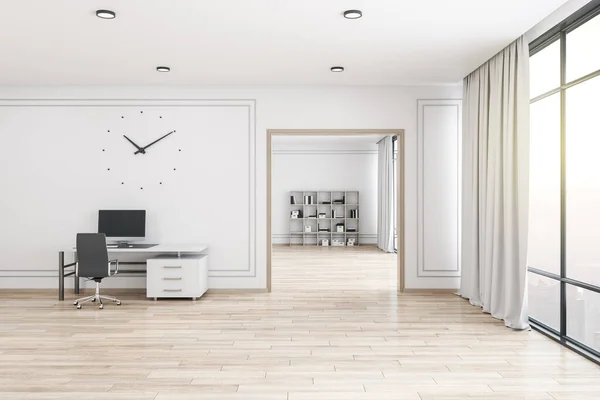 Moderne Büroeinrichtung Mit Wanduhr Und Computer Arbeitsplatz Und Lebensstilkonzept Rendering — Stockfoto