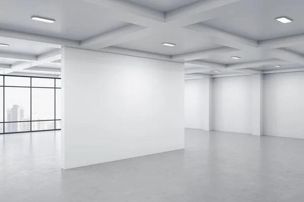 Bright Concrete Gallery Interior City View Daylight Blank Wall Museum — Stock Photo, Image