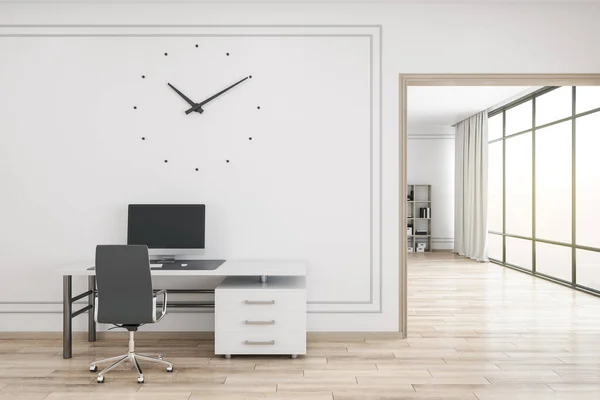 Interior Moderno Oficina Coworking Con Gran Reloj Pared Vista Ciudad — Foto de Stock