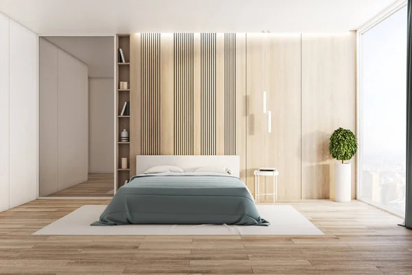 Stylish bedroom interior with wooden blank wall, furniture, decorative items and city view. Art and design concept. Mock up, 3D Rendering