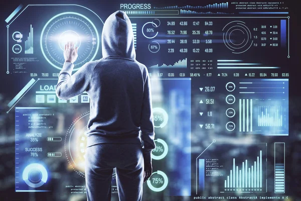Хакер Використовує Сяючий Цифровий Інтерфейс Цифровому Екрані Концепція Фінансів Подвійне — стокове фото