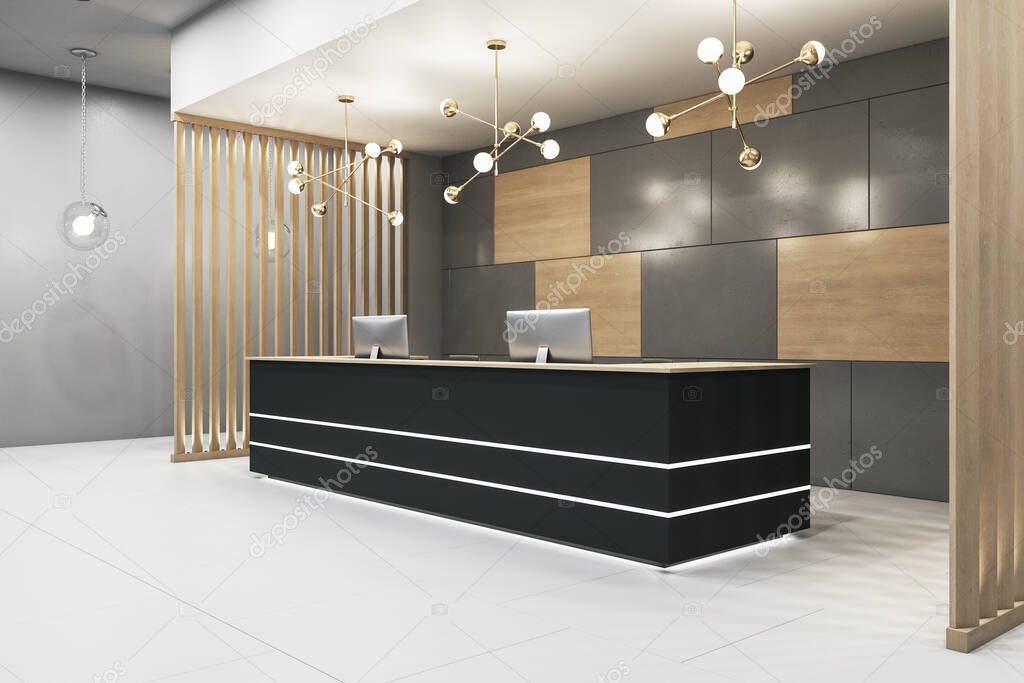 Luxury office lobby with black reception desk and two computers. Decorative wooden wall and lamps. Workplace and corporate concept. 3D Rendering