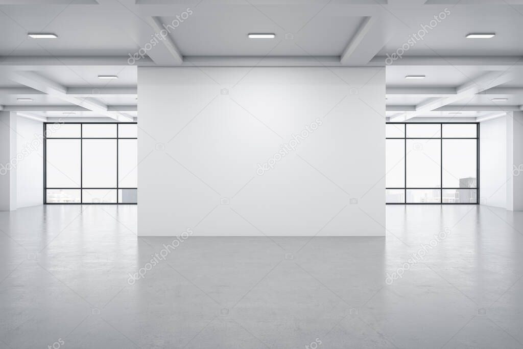 Modern concrete gallery interior with city view, daylight and blank wall. Museum and art concept. Mock up, 3D Rendering