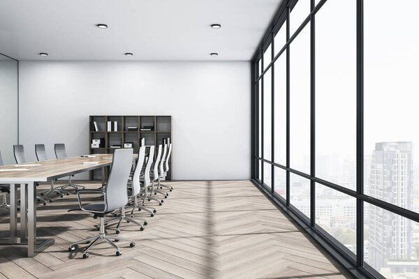 Contemporary meeting office room with panoramic city view. Workplace and lifestyle concept. 3D Rendering