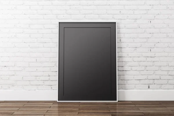 Blank Black Picture Wooden Floor Art Design Concept Mock Rendering — Stock Photo, Image