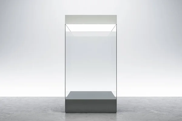 Modern gallery room with empty exhibition glass box. Museum and exhibition concept. Mock up, 3D Rendering