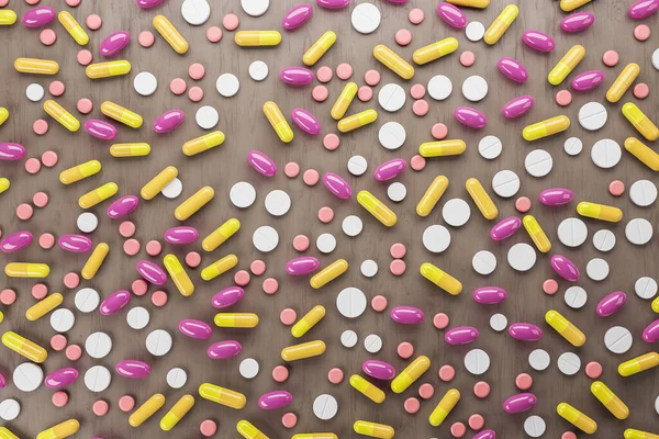 Pastillas Color Abstracto Sobre Fondo Madera Concepto Medicina Enfermedad Renderizado —  Fotos de Stock