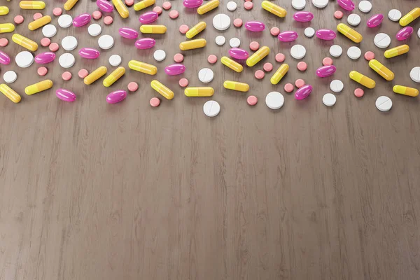 Pílulas Coloridas Abstratas Mesa Madeira Conceito Medicina Doença Fecha Renderização — Fotografia de Stock