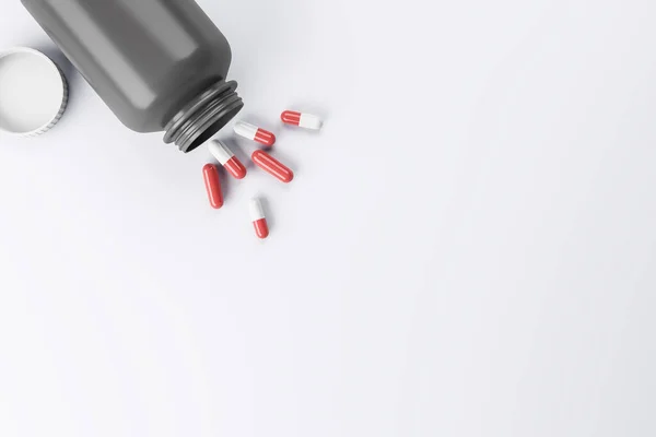 Pillen Capsule Gemorst Uit Fles Witte Tafel Geneeskunde Ziektebegrip Sluit — Stockfoto