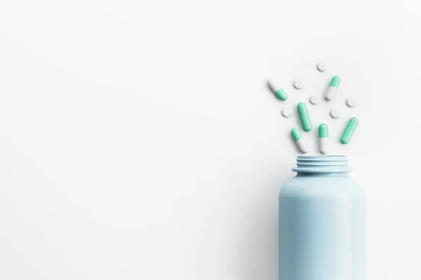 Kolorowe Tabletki Wylały Się Butelki Stół Koncepcja Medycyny Choroby Renderowanie — Zdjęcie stockowe