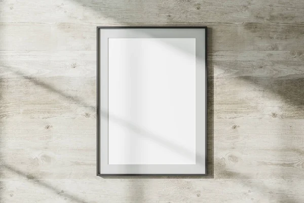 Biały Plakat Drewnianej Ścianie Koncepcja Muzeum Wystawy Makieta Renderowanie — Zdjęcie stockowe