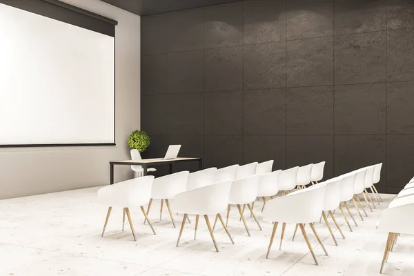 Minimalistic interior of a presentation room with chairs and blank screen. Conference and presentation concept. Mock up. 3D Rendering