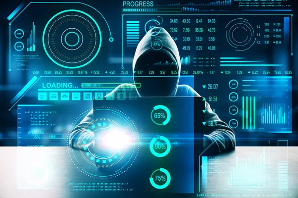 Hacker Mit Digitaler Business Schnittstelle Hacking Und Virenkonzept Doppelbelastung — Stockfoto