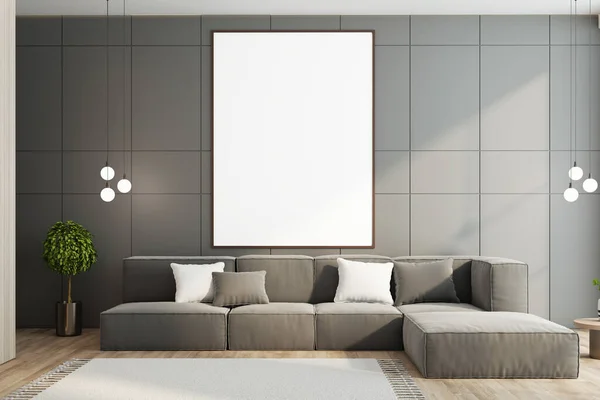 壁にソファと空白のバナー付きの居心地の良いリビングルーム 職場とライフスタイルの概念 モックアップ 3Dレンダリング — ストック写真