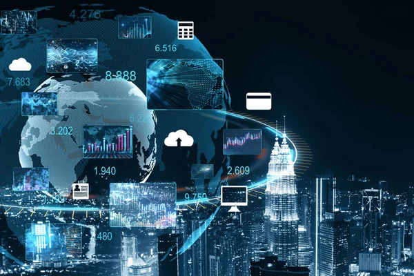Digital global computer cloud interface with charts on night city background. Trade and investment concept. Multiexposure