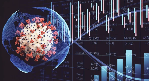 Close-up of virus cells coronavirus 2019-nCov and creative chart with candlestick graph. Trade and Coronavirus helath crisis concept. 3D Rendering