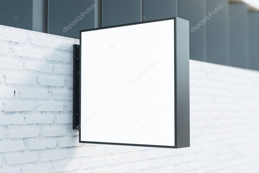 Glowing rectangular sign on brick wall. Exhibition and advertising concept. Mock up. 3D Rendering