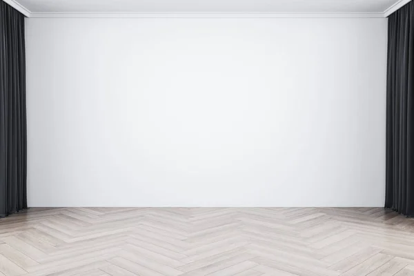 カーテンと空白の白い壁と広々としたインテリア アートとデザインのコンセプト モックアップ 3Dレンダリング — ストック写真