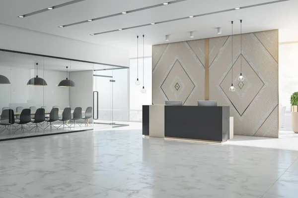 フロントと会議テーブル付きのモダンなオフィスホール 職場と企業のコンセプト 3Dレンダリング — ストック写真