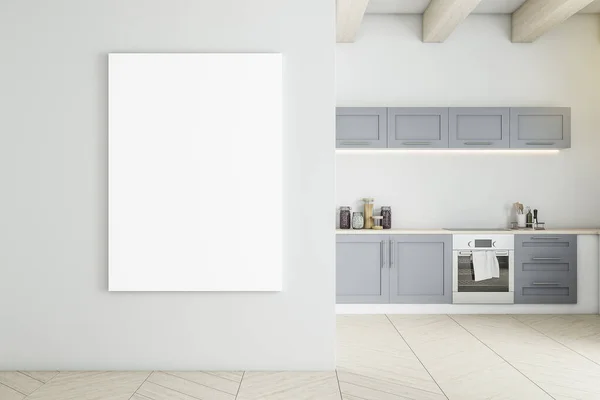 コンクリート壁に家具 日光と空のフレームと現代的なグレーのキッチンインテリア モックアップ 3Dレンダリング — ストック写真