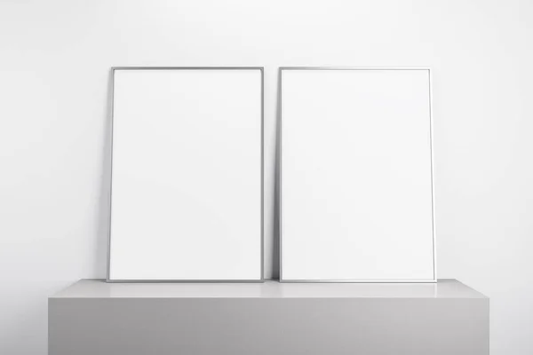 Порожні Два Білих Банери Подіумі Концепція Музею Виставки Макет Вгору — стокове фото