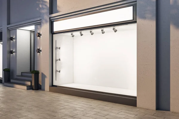 Moderne Boutique Mit Leeren Glasvitrinen Und Hintergrundbeleuchtung Werbung Und Einzelhandelskonzept — Stockfoto