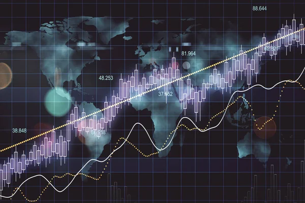 Gloeiende Kandelaar Grafiek Met Digitaal Raster Kaart Hologram Financieel Investeringsconcept — Stockfoto