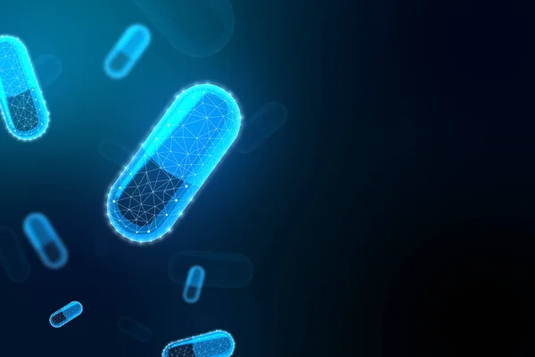 Világító Kék Poligonális Tabletták Sötét Háttérrel Gyógyszer Betegség Koncepció Renderelés — Stock Fotó