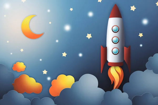 Paper Applique Rocket Flies Night Sky Startup Success Concept Rendering — Stock Photo, Image