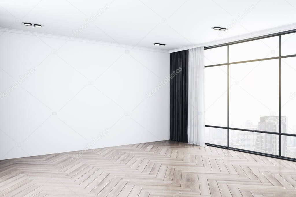 New empty spacious interior with panoramic city view, copy space and sunlight on concrete floor. 3D Rendering