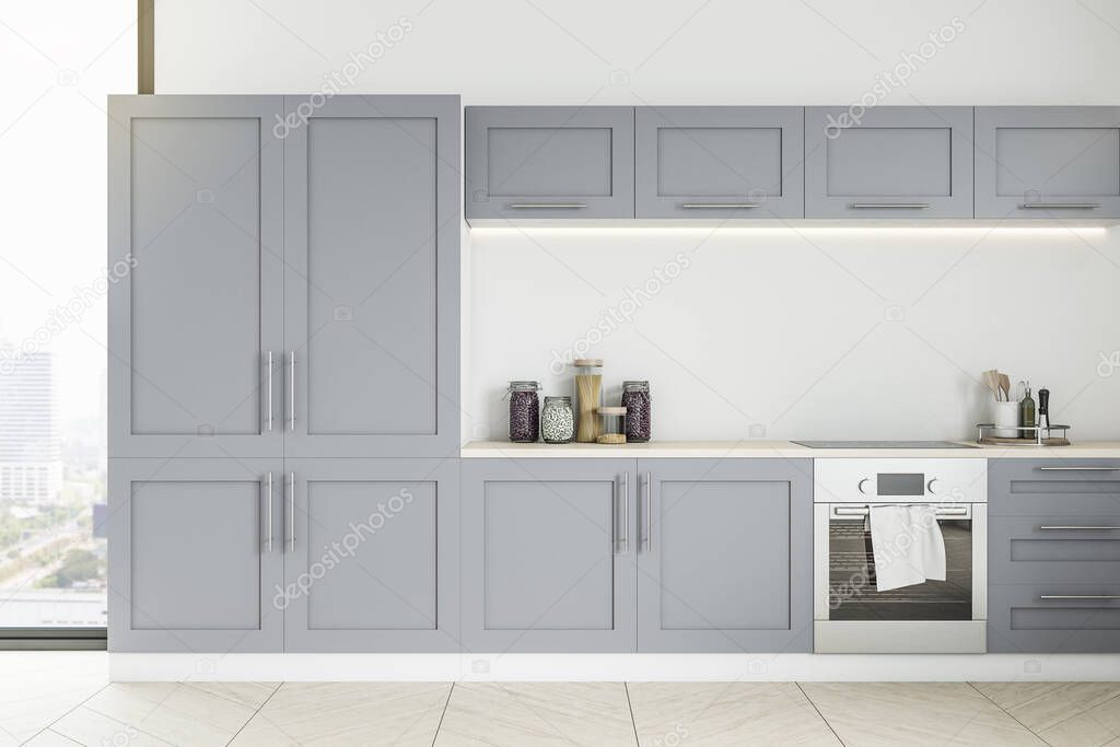 Wooden kitchen studio interor with sunlight. Design and style concept. 3D Rendering