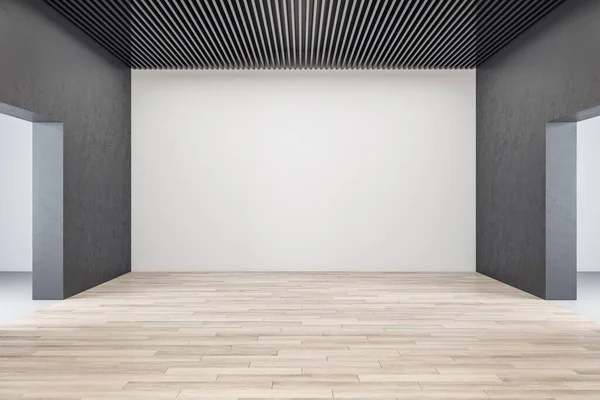 Elegante Interior Galería Con Pared Blanco Suelo Madera Concepto Arte — Foto de Stock
