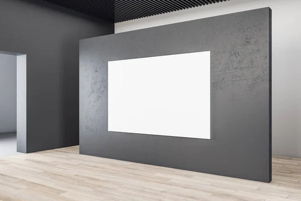 Minimalistic exhibition interior with blank banner on concrete wall. Presentation concept. Mock up. 3D Rendering