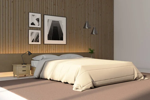 Modern bedroom interior with picture on wooden wall, furniture and decorative items. Art and design concept. Mock up, 3D Rendering