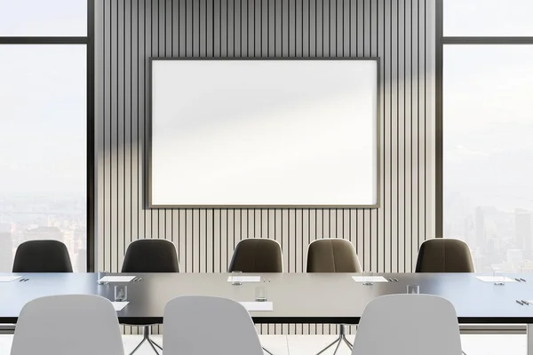 Spacious Meeting Room Empty Frame Wall City View Presentation Concept — Stock Photo, Image