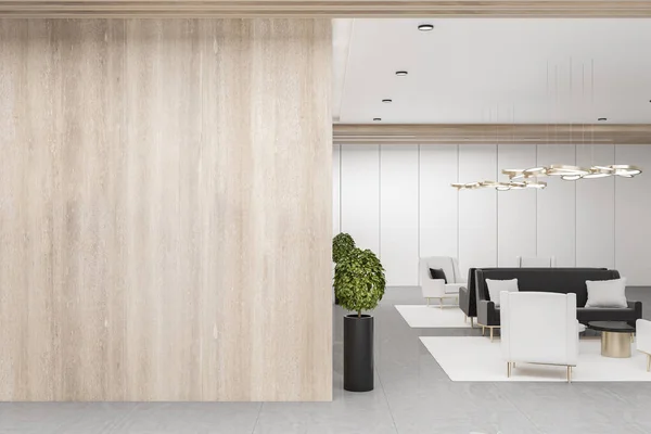 宽敞的候车室 有椅子 咖啡桌 植物和空白的木制墙壁 工作场所和生活方式的概念 3D渲染 — 图库照片