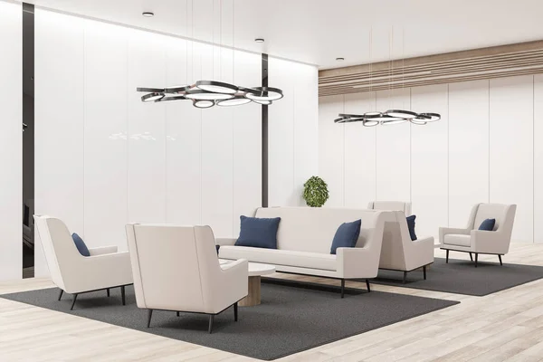 Modernes Wartezimmer Mit Stühlen Couchtisch Und Leerer Holzwand Arbeitsplatz Und — Stockfoto