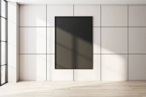 Interior Galería Limpia Con Banner Vertical Negro Vacío Concepto Arte — Foto de Stock