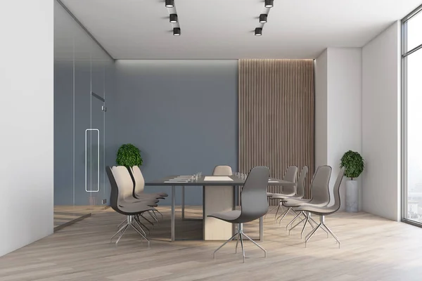 Luxury conference room with long meeting table, chairs and empty abstract wall. Workplace and company concept. 3d rendering