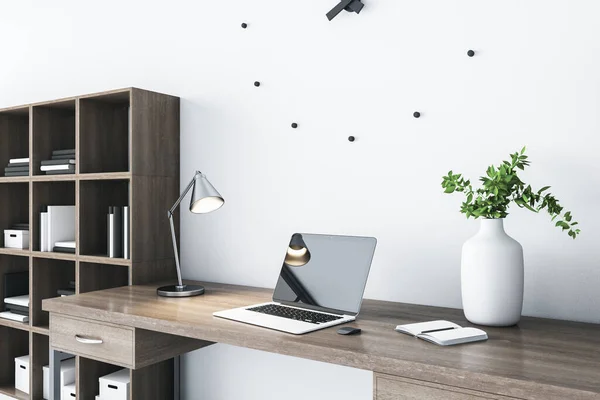 Gestor Contemporáneo Espacio Trabajo Con Portátil Mesa Reloj Pared Lugar — Foto de Stock