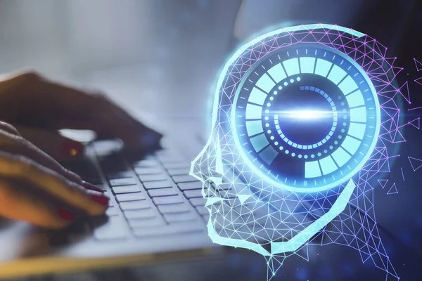 Üzletember Kezek Segítségével Laptop Digitális Robot Fej Hologram Mesterséges Intelligencia — Stock Fotó