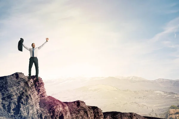 Happy Businessman Cliff Clouds Celebration Victory Concept — Stock Photo, Image