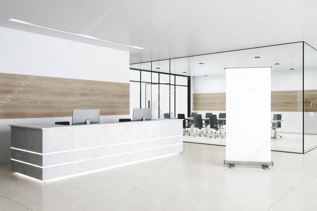 Luxury conference room with reception desk and blank vertical banner. Workplace and company concept. 3D Rendering