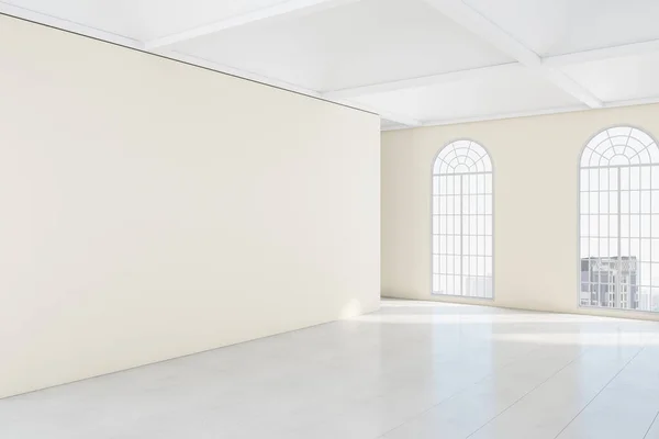 Blank wall in classical gallery interior with large windows.  Performance and presentation concept. Mock up. 3D Rendering