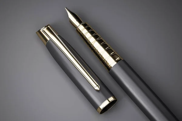 Golden fountain pen on a black pappe