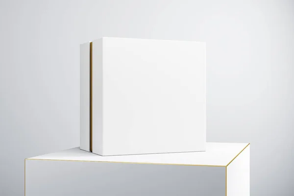 Caja Regalo Blanca Blanco Con Línea Dorada Podio Concepto Publicidad — Foto de Stock