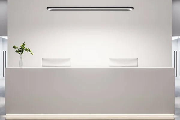 Lobi Kantor Modern Dengan Meja Resepsionis Putih Komputer Dan Dinding — Stok Foto