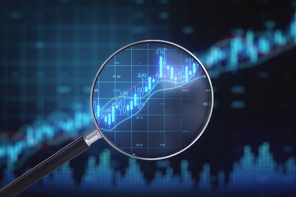 Magnifying glass with investment report on digital screen. Forecast and invest concept. 3D Rendering