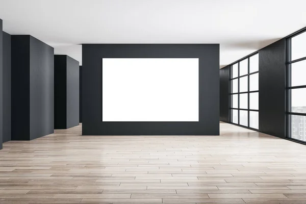 Μοντέρνο Εσωτερικό Γκαλερί Λευκή Λευκή Αφίσα Στον Τοίχο Και Θέα — Φωτογραφία Αρχείου